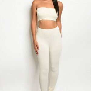 New Ivory White Stretchy Soft Layering Bandeau Tube Top & Leggings Pants Set S